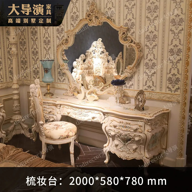 European style solid wood carved double bed, French luxury palace bed, painted fabric bed,wedding bed, princess bed