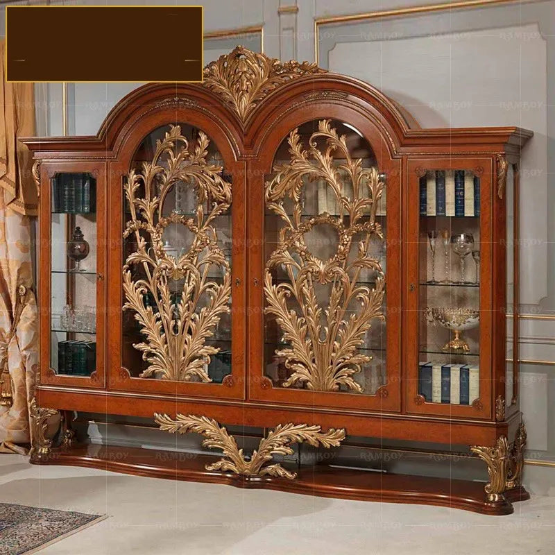 European style villa living room furniture solid wood carved glass door display cabinet luxury four door wine cabinet