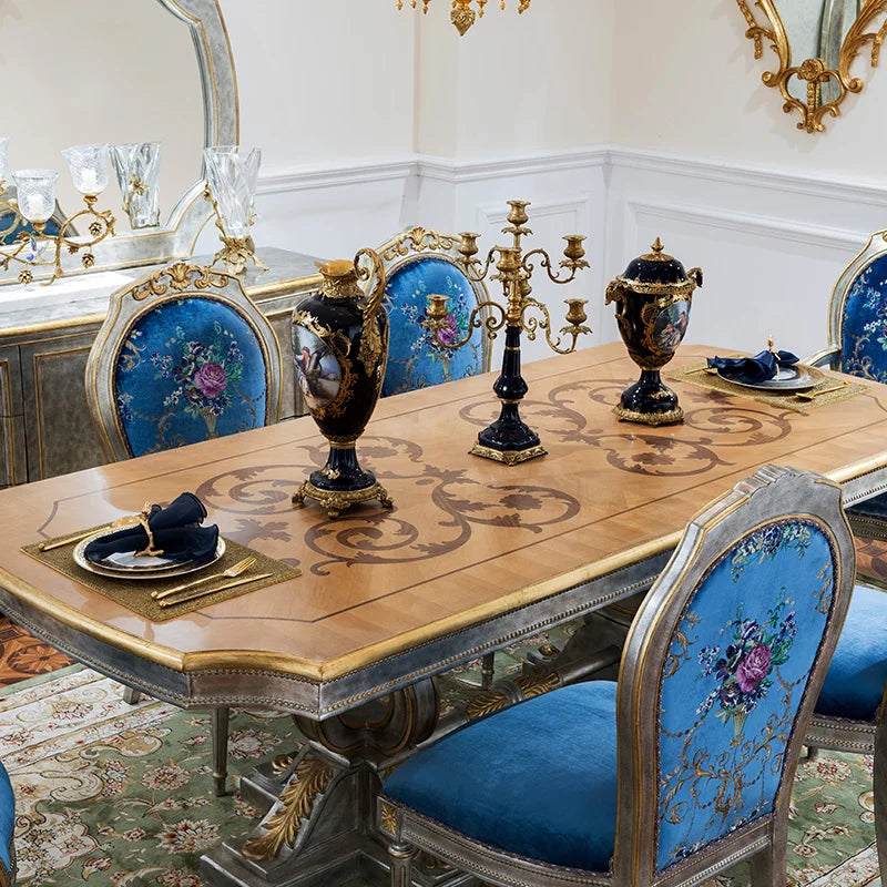 Fabric dining chairs Luxury large unit classical European style solid wood dining table and chair combination