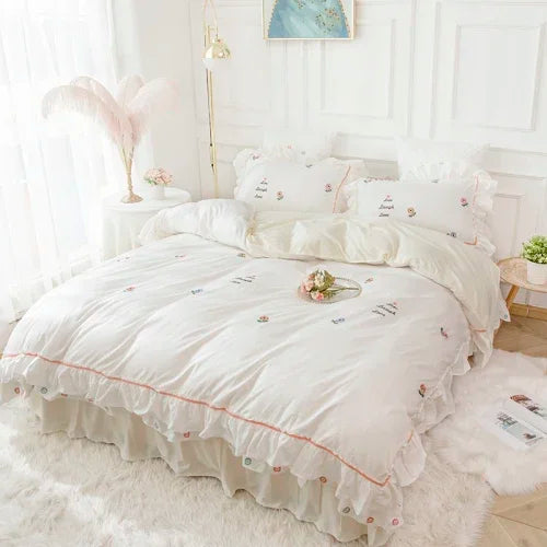 Four-Piece Set Light Luxury Flower Embroidery Cotton Home Textile Bedding Ruffled Bed Skirt Heat Preservation Solid Color 1.8M