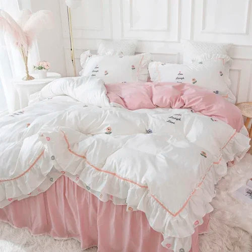 Four-Piece Set Light Luxury Flower Embroidery Cotton Home Textile Bedding Ruffled Bed Skirt Heat Preservation Solid Color 1.8M