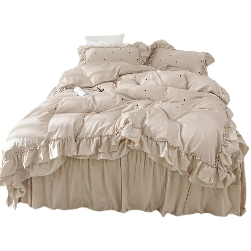 Four-Piece Set Light Luxury Flower Embroidery Cotton Home Textile Bedding Ruffled Bed Skirt Heat Preservation Solid Color 1.8M