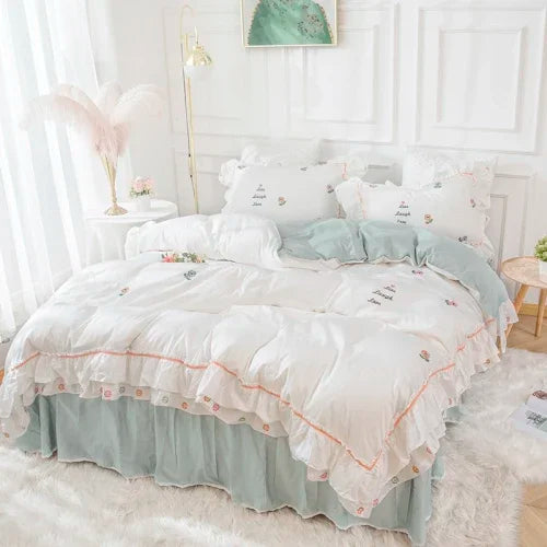 Four-Piece Set Light Luxury Flower Embroidery Cotton Home Textile Bedding Ruffled Bed Skirt Heat Preservation Solid Color 1.8M