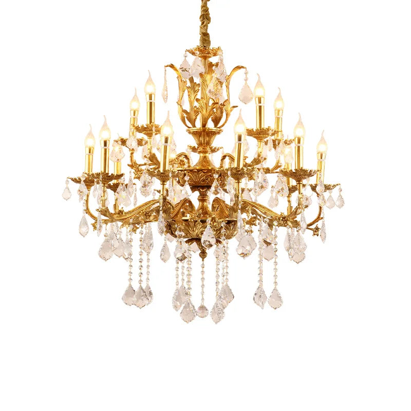 French Classics Villa Hall Brass Chandelier European Baroque Church Crystal Pendant Lights Living Dining Room Lamp