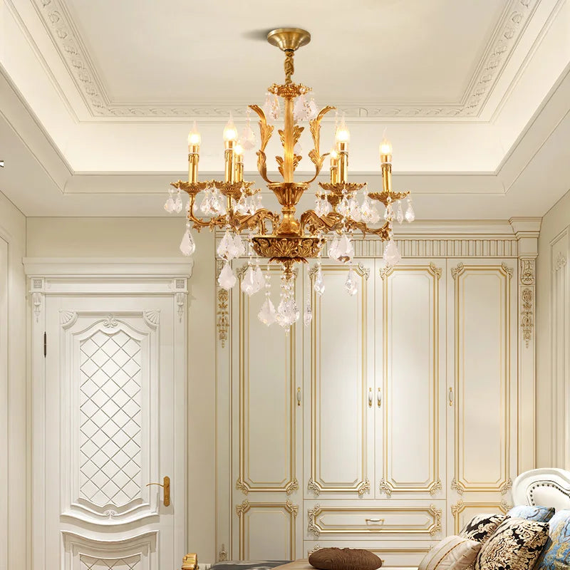 French Classics Villa Hall Brass Chandelier European Baroque Church Crystal Pendant Lights Living Dining Room Lamp