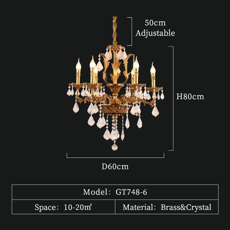 French Classics Villa Hall Brass Chandelier European Baroque Church Crystal Pendant Lights Living Dining Room Lamp