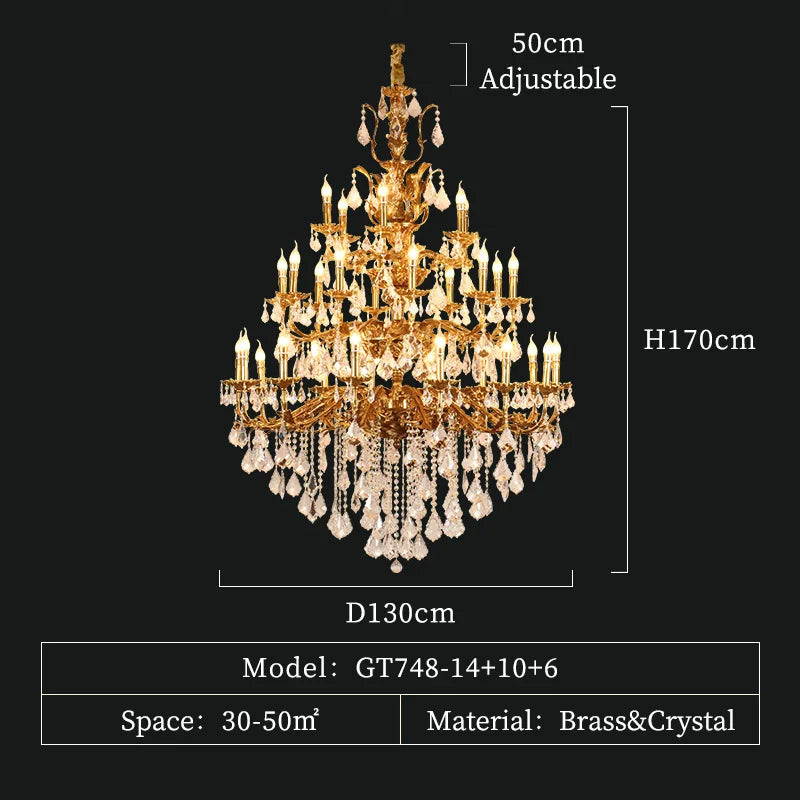 French Classics Villa Hall Brass Chandelier European Baroque Church Crystal Pendant Lights Living Dining Room Lamp
