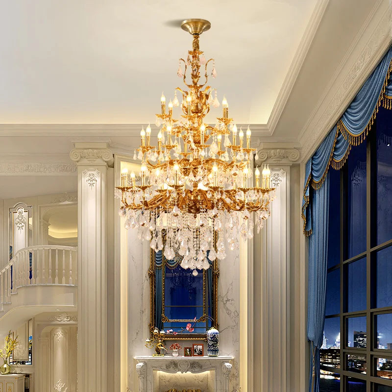 French Classics Villa Hall Brass Chandelier European Baroque Church Crystal Pendant Lights Living Dining Room Lamp