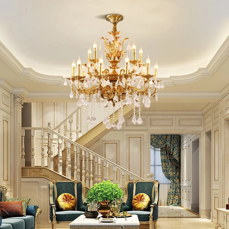 French Classics Villa Hall Brass Chandelier European Baroque Church Crystal Pendant Lights Living Dining Room Lamp