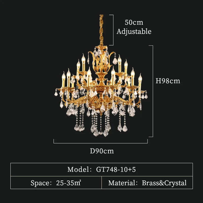 French Classics Villa Hall Brass Chandelier European Baroque Church Crystal Pendant Lights Living Dining Room Lamp
