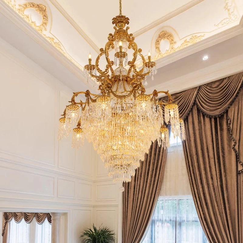 French Crystal Chandeliers Lights Fixture American Romantic Copper Chandelier Pendant Lamps European Luxury Villa Hall Luminaria