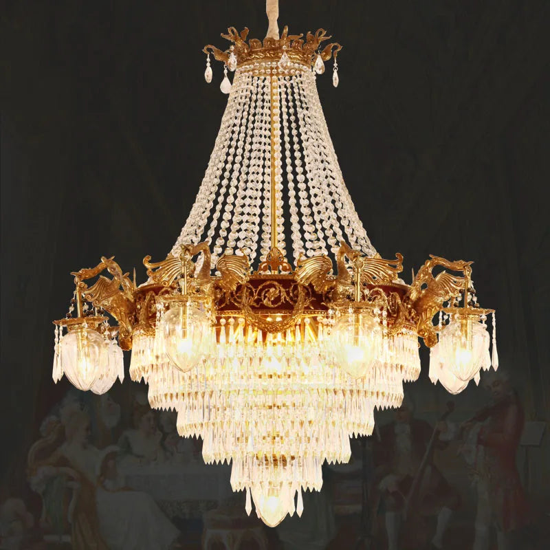 French Crystal Copper Pendant Lamp Villa Hotel Duplex High Ceiling Dome Lighting European Living Room Copper Brass Chandelier