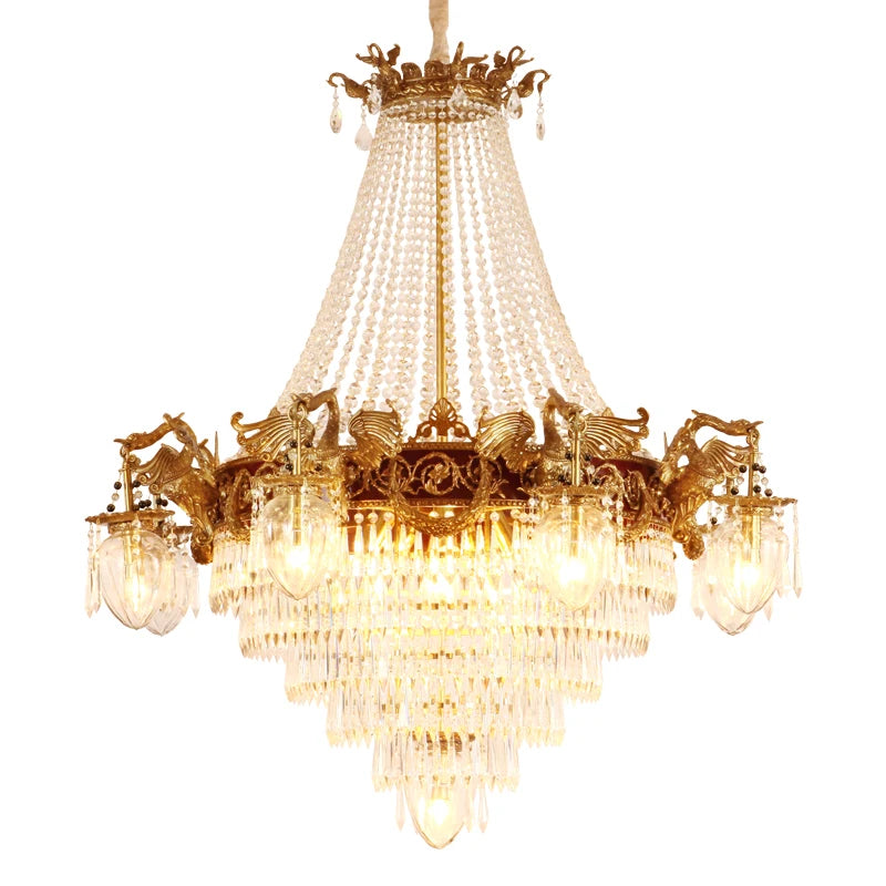 French Crystal Copper Pendant Lamp Villa Hotel Duplex High Ceiling Dome Lighting European Living Room Copper Brass Chandelier