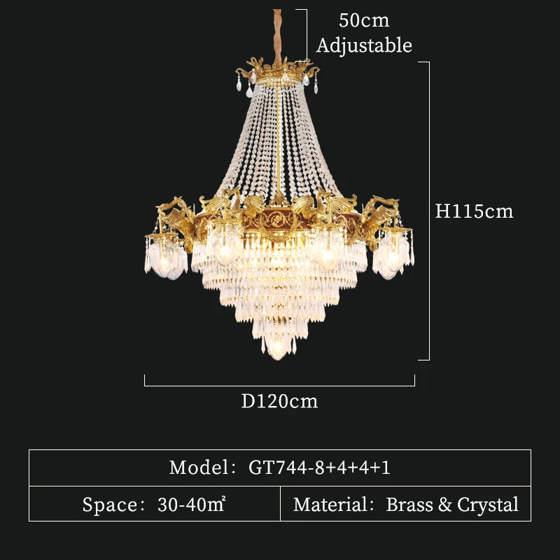 French Crystal Copper Pendant Lamp Villa Hotel Duplex High Ceiling Dome Lighting European Living Room Copper Brass Chandelier