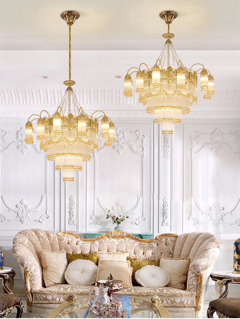 French Palace Living Room Copper Crystal Chandelier European Villa Hotel Luxury Hanging Lamp Bedroom Dining LED Pendant Lights