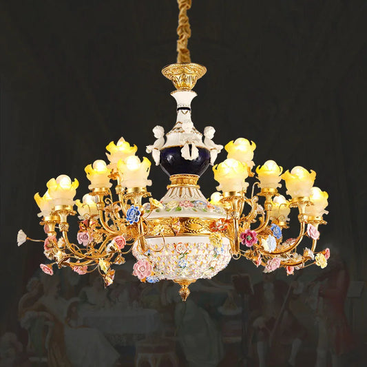 French Style Villa Foyer Brass Colorful Ceramic Flower Chandelier Hotel Lobby Fancy Pendant Copper Pendant Lighting