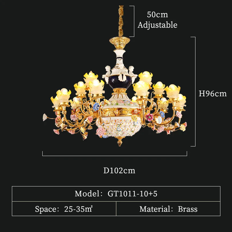 French Style Villa Foyer Brass Colorful Ceramic Flower Chandelier Hotel Lobby Fancy Pendant Copper Pendant Lighting