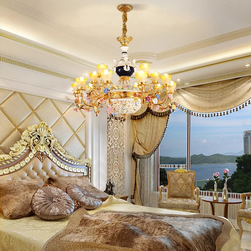 French Style Villa Foyer Brass Colorful Ceramic Flower Chandelier Hotel Lobby Fancy Pendant Copper Pendant Lighting