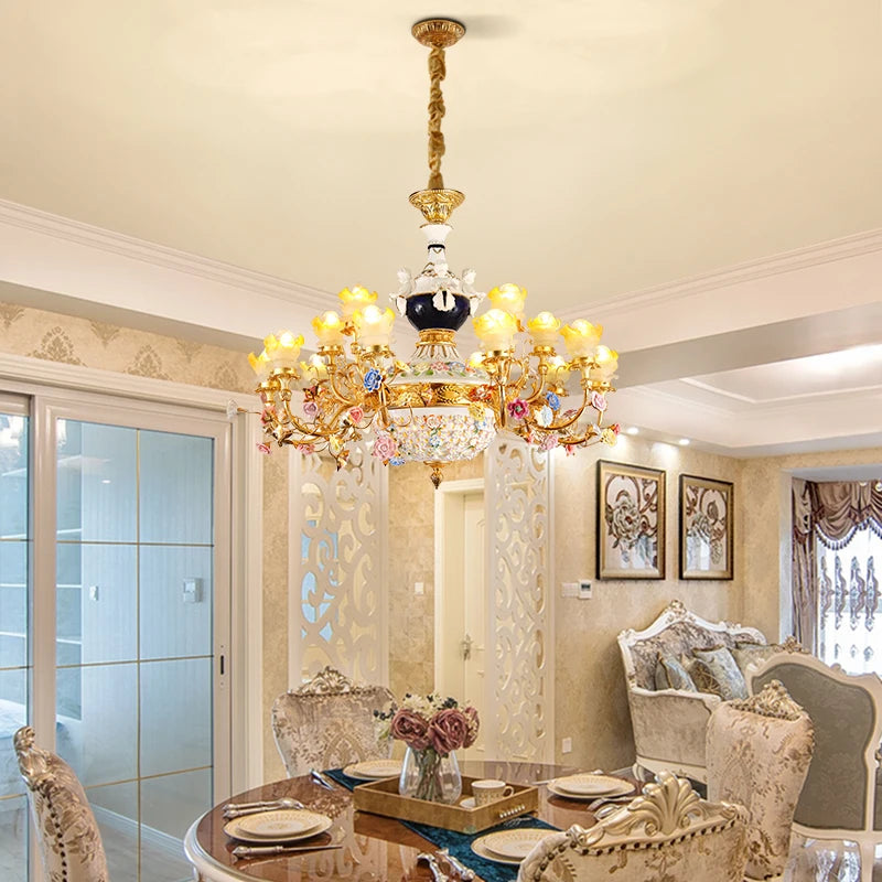 French Style Villa Foyer Brass Colorful Ceramic Flower Chandelier Hotel Lobby Fancy Pendant Copper Pendant Lighting