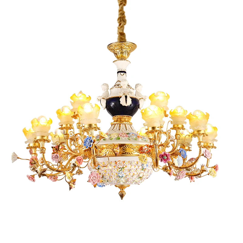 French Style Villa Foyer Brass Colorful Ceramic Flower Chandelier Hotel Lobby Fancy Pendant Copper Pendant Lighting