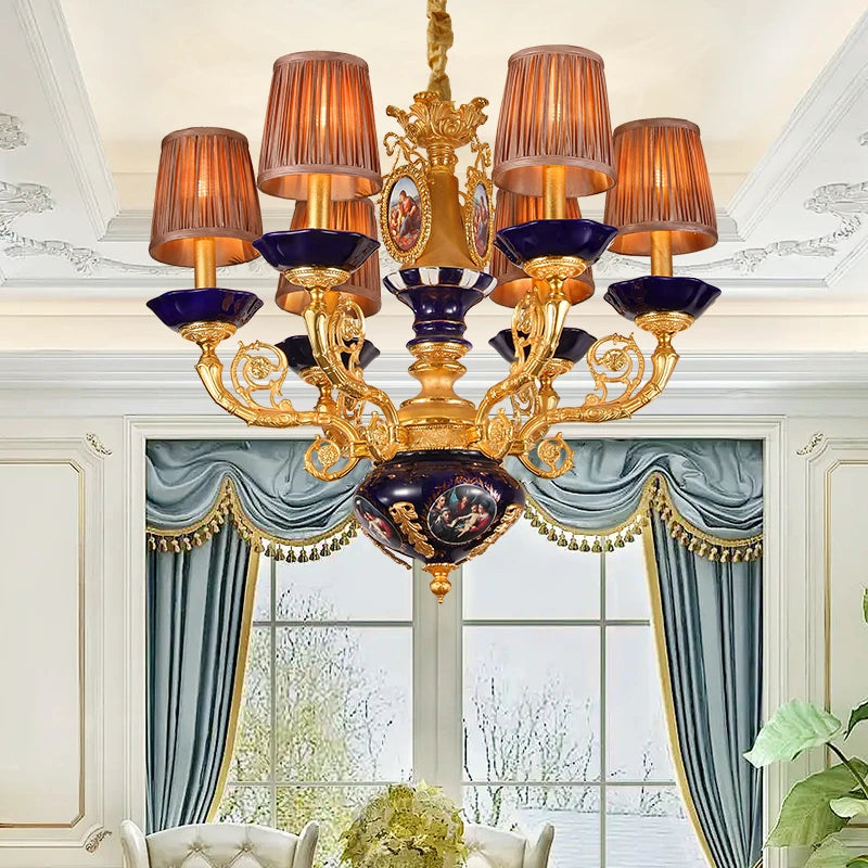French all copper chandelier European villa lamp luxury warm romantic ceramic light luxury lamp bedroom duplex building