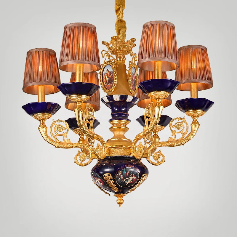 French all copper chandelier European villa lamp luxury warm romantic ceramic light luxury lamp bedroom duplex building