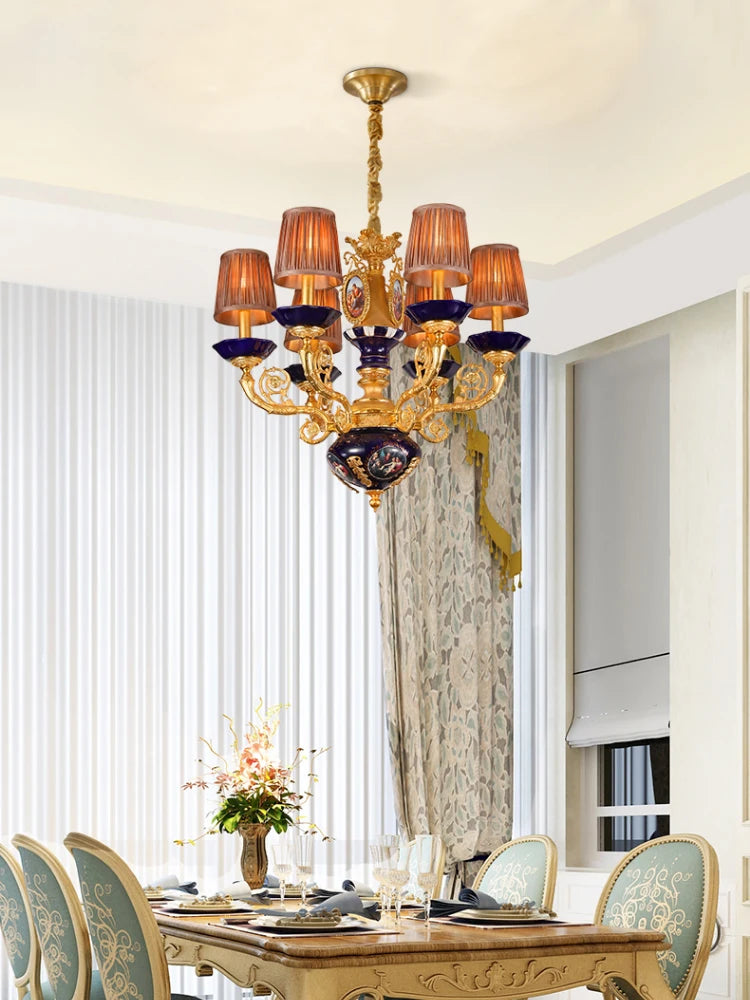 French all copper chandelier European villa lamp luxury warm romantic ceramic light luxury lamp bedroom duplex building