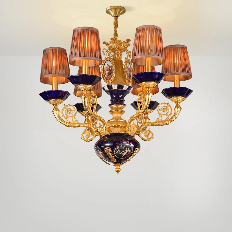 French all copper chandelier European villa lamp luxury warm romantic ceramic light luxury lamp bedroom duplex building