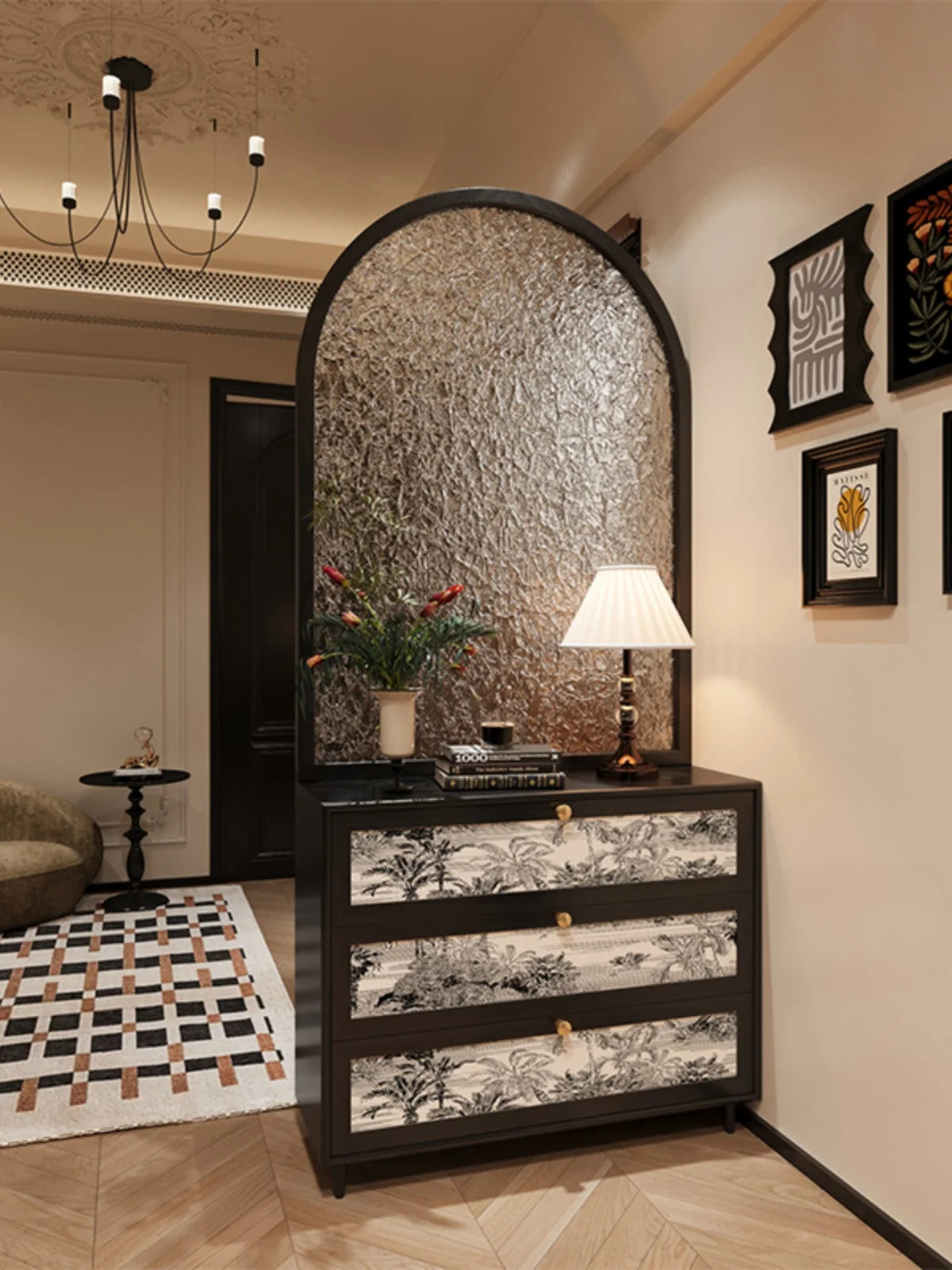 French light luxury water grain glass screen, entrance door partition, living room, dining room, solid wood design, shoe cabinet