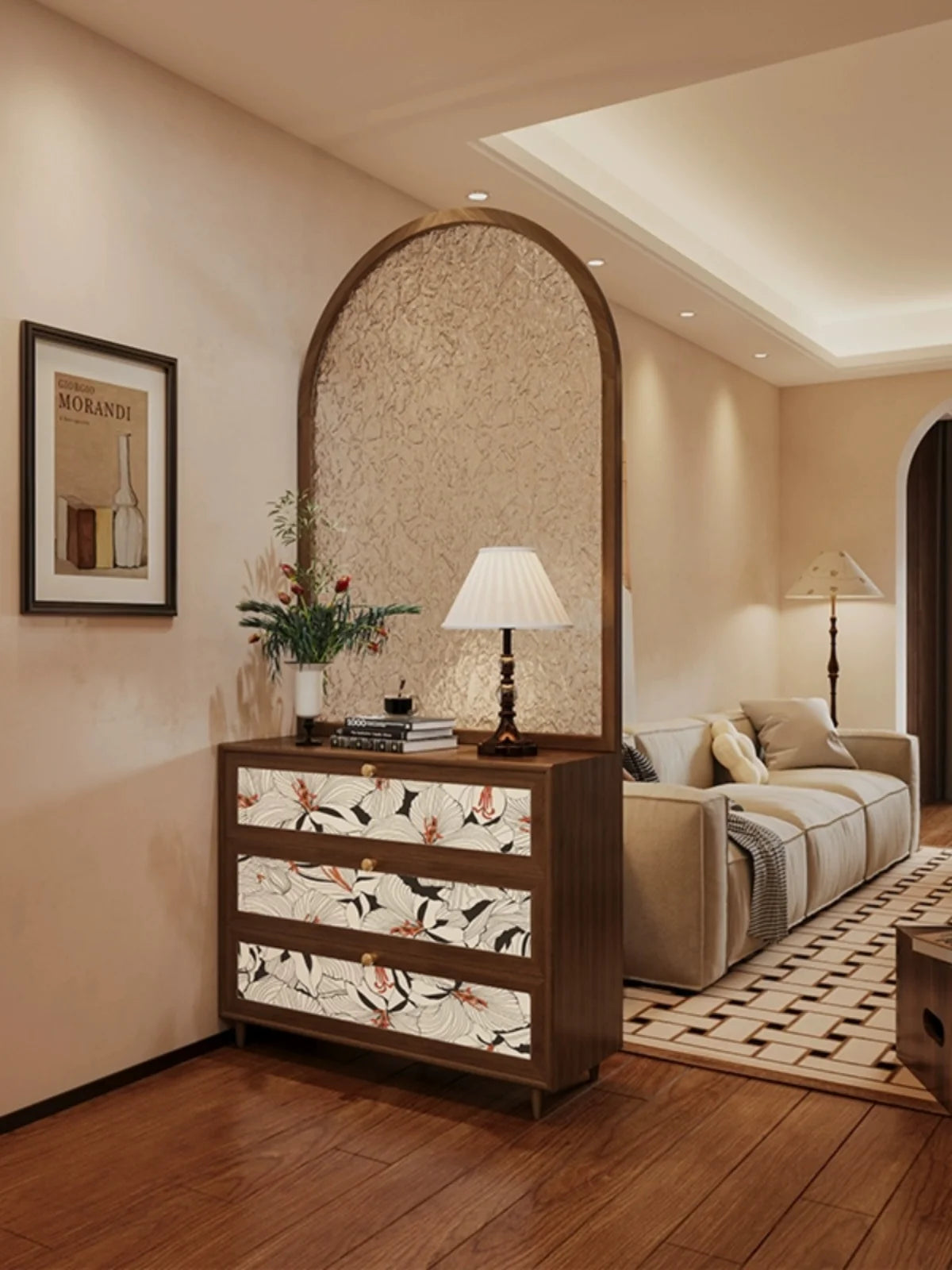 French light luxury water grain glass screen, entrance door partition, living room, dining room, solid wood design, shoe cabinet