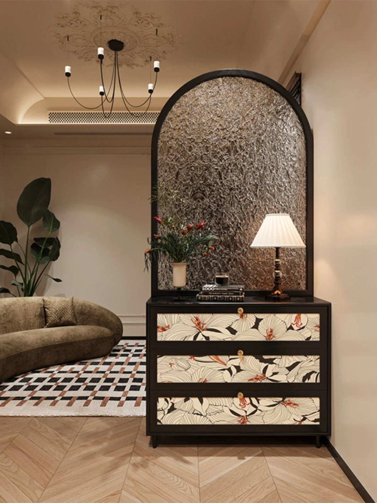 French light luxury water grain glass screen, entrance door partition, living room, dining room, solid wood design, shoe cabinet