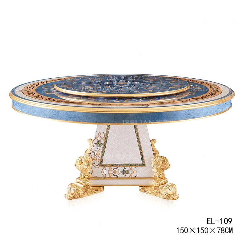French luxury restaurant round dining table mahogany shell mosaic heavy industry carved dining table with turntable