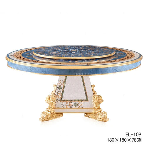 French luxury restaurant round dining table mahogany shell mosaic heavy industry carved dining table with turntable