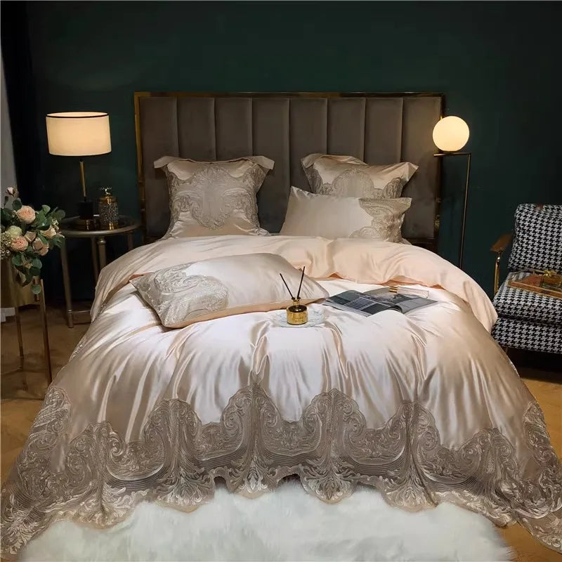 & French silk cotton lace bed set with four pieces, European long staple cotton duvet cover, light luxury 1.8m bedding