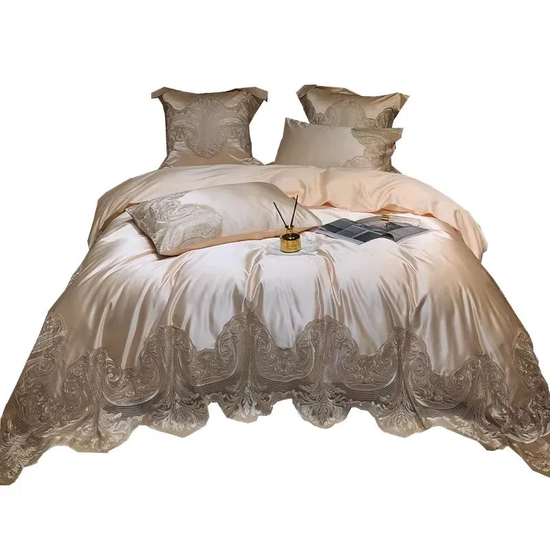 & French silk cotton lace bed set with four pieces, European long staple cotton duvet cover, light luxury 1.8m bedding