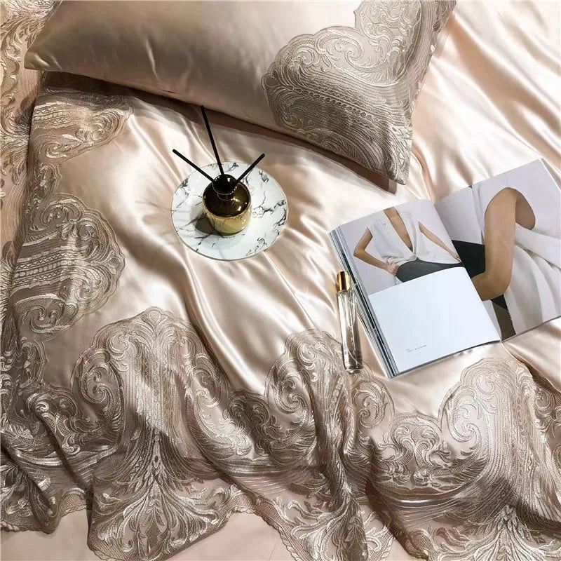 & French silk cotton lace bed set with four pieces, European long staple cotton duvet cover, light luxury 1.8m bedding