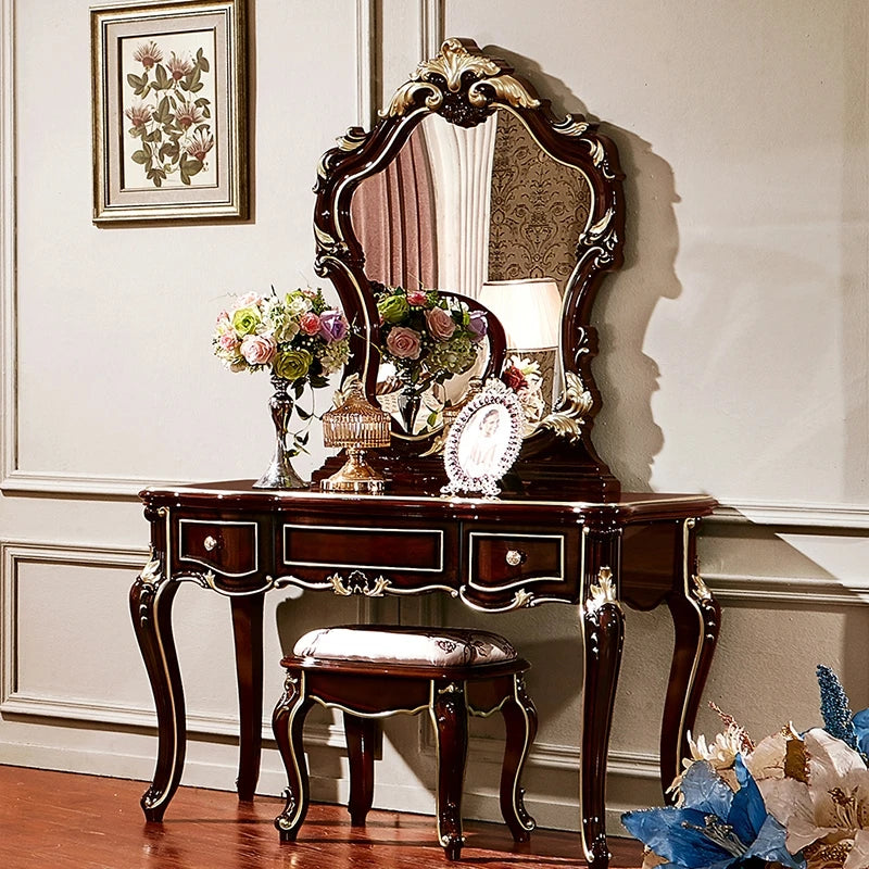 French solid wood dressing table European Princess dresser table bedroom luxury desk dressing table integrated women's wine red