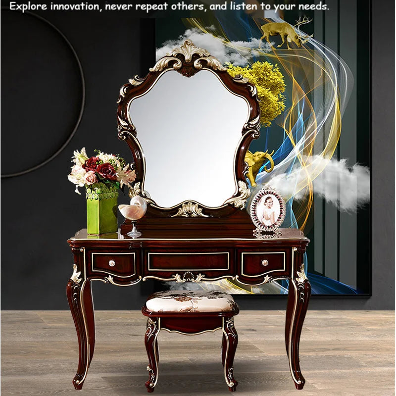 French solid wood dressing table European Princess dresser table bedroom luxury desk dressing table integrated women's wine red