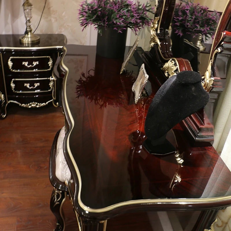 French solid wood dressing table European Princess dresser table bedroom luxury desk dressing table integrated women's wine red