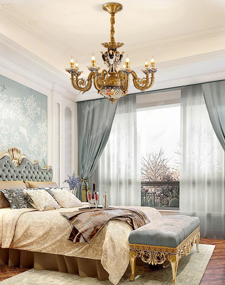 French villa living room, ceramic chandeliers, European luxury dining room,bedroom, study,high-end pure copper lighting fixtures