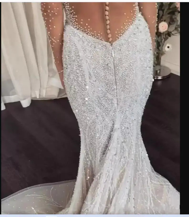 Full Heavy Crystal Beaded Mermaid Wedding Dresses Luxury See Through Long Sleeves African Plus Size Buttons Back Bridal Gown