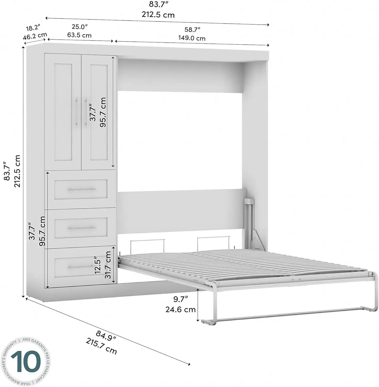 Full Murphy Bed with Closet Organizer with Drawers 84-inch White Space-Saving Sleeping Arrangement for Multipurpose Room