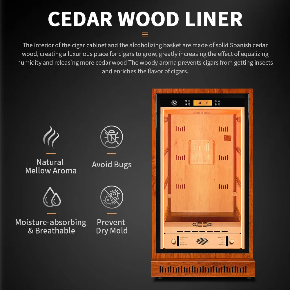 Functional Cigar Humidor Intelligent Control Humidity Temperature Cedar Wood Thermostatic Cooler Cabinet Compressor 46C