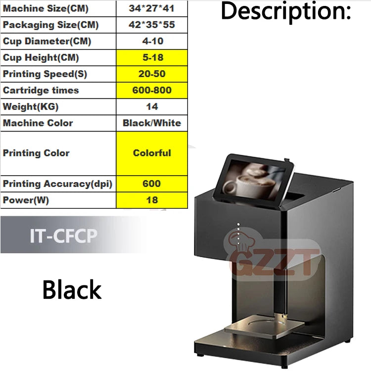 GZZT Commercial Smart Coffee Latte Printer 3D Printing Machine Milk Froth Beer Colour Food Printer Bread Bun Snack Cake Mocha