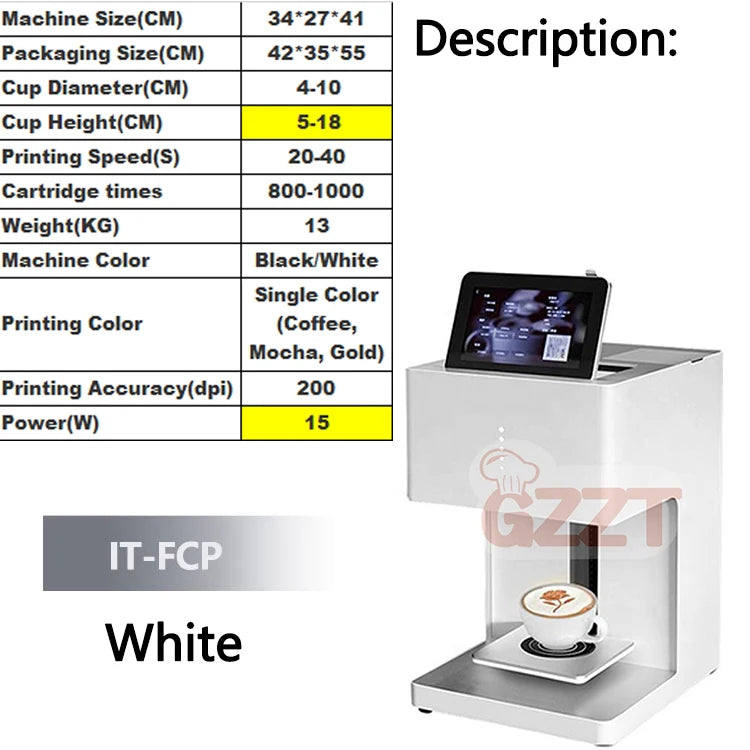GZZT Commercial Smart Coffee Latte Printer 3D Printing Machine Milk Froth Beer Colour Food Printer Bread Bun Snack Cake Mocha