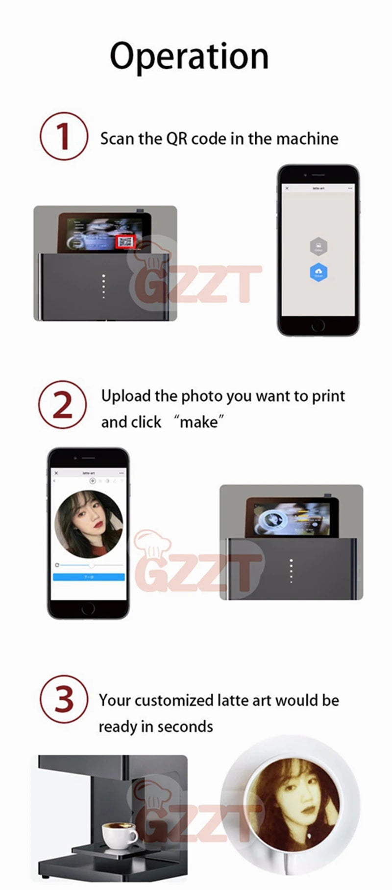 GZZT Commercial Smart Coffee Latte Printer 3D Printing Machine Milk Froth Beer Colour Food Printer Bread Bun Snack Cake Mocha