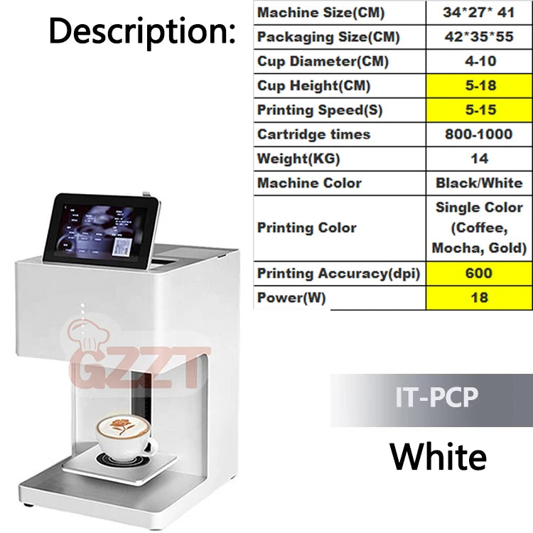 GZZT Commercial Smart Coffee Latte Printer 3D Printing Machine Milk Froth Beer Colour Food Printer Bread Bun Snack Cake Mocha