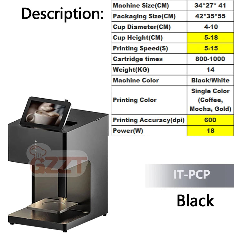 GZZT Commercial Smart Coffee Latte Printer 3D Printing Machine Milk Froth Beer Colour Food Printer Bread Bun Snack Cake Mocha