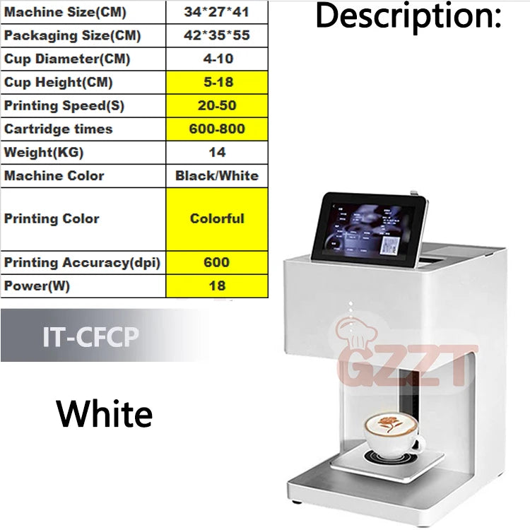 GZZT Commercial Smart Coffee Latte Printer 3D Printing Machine Milk Froth Beer Colour Food Printer Bread Bun Snack Cake Mocha
