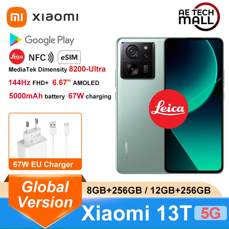 Global Version Xiaomi 13T 50MP Leica Camer 8GB / 12GB 256GB MTK Dimensity 8200-Ultra 5000mAh Turbo Charging 144Hz 6.67" Display